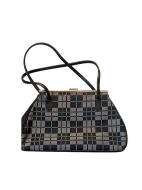 Texier Black Gray Plaid Logo Kiss Lock Double Handle Vintage Handbag